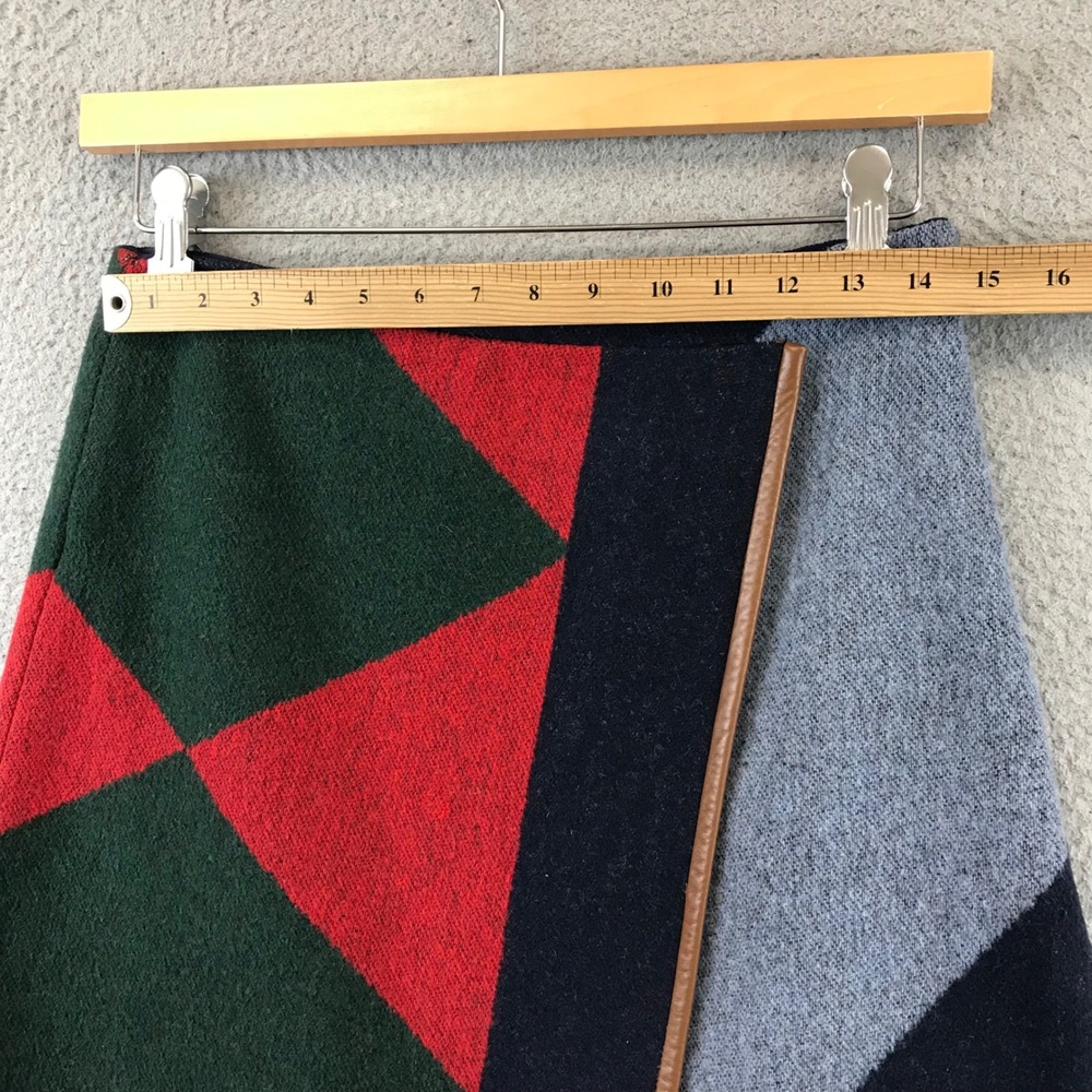 Tory Burch Geometric Wrap Skirt Red Green Blue Leather Trim Size 4 - Picture 5 of 10